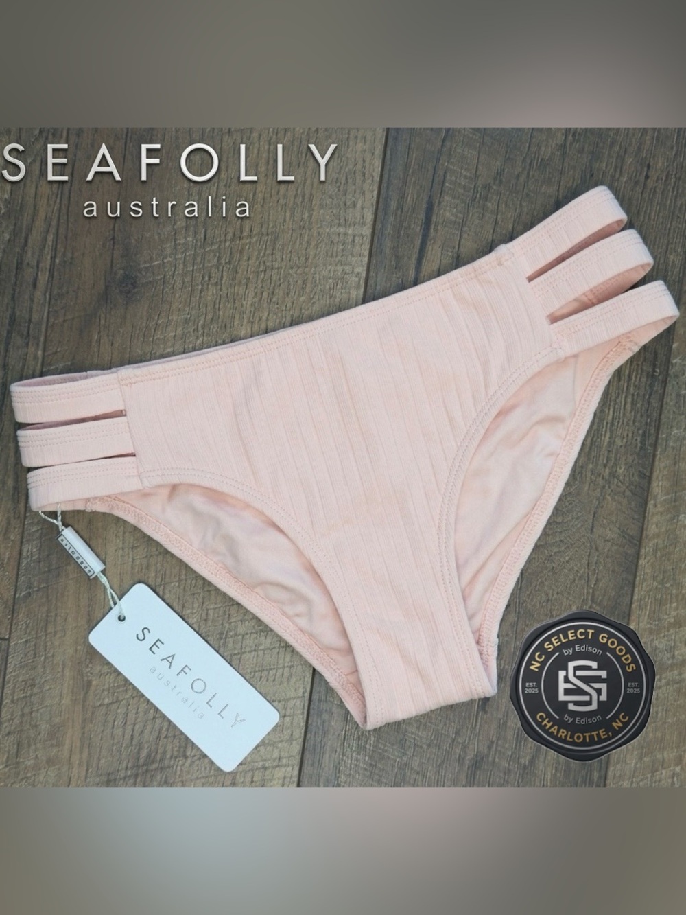 NWT Seafolly Inka Rib Multi Strap Hipster Bikini Bottom Rose Pink US 6 AUS 10